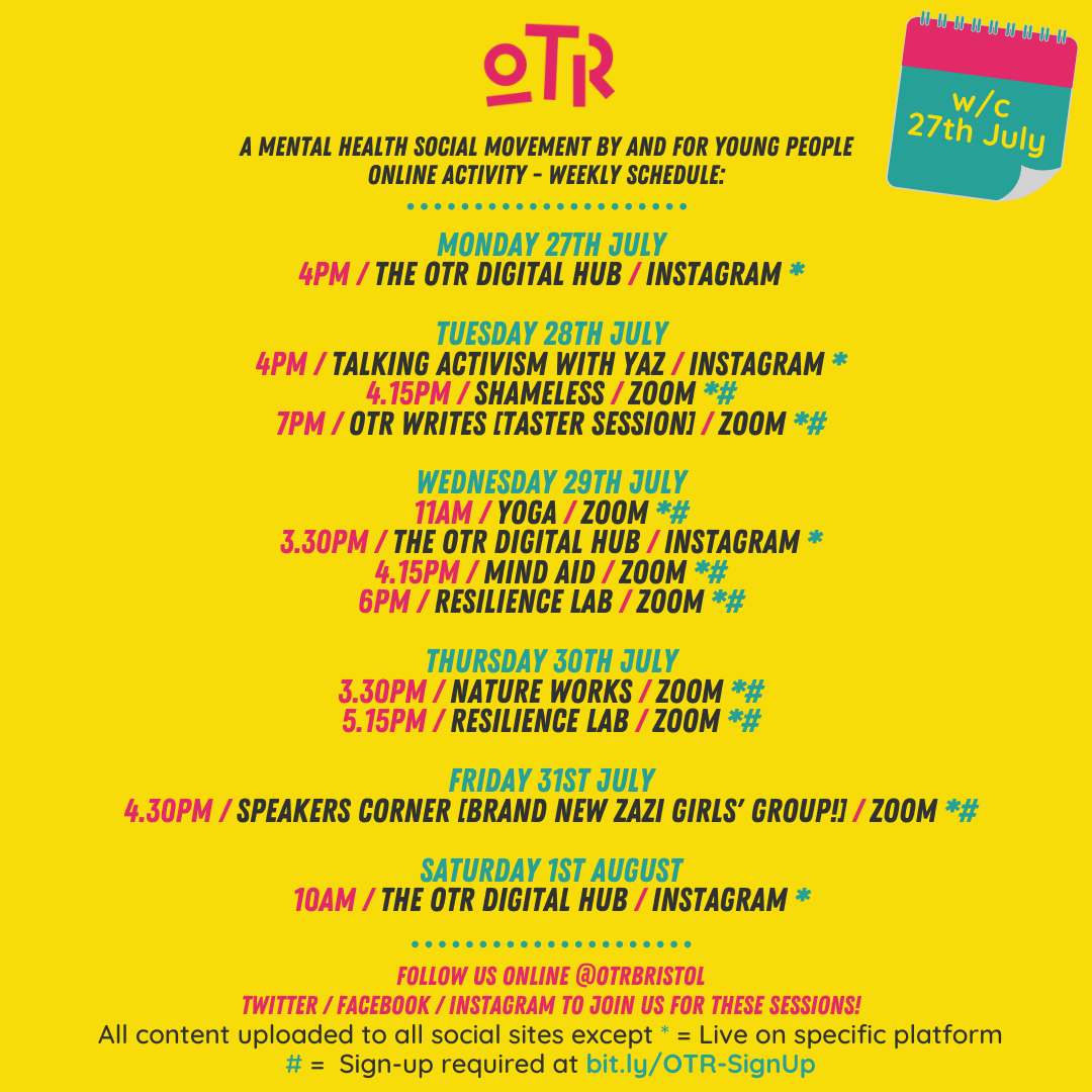 A schedule of online activities from the week commencing, 27th July.