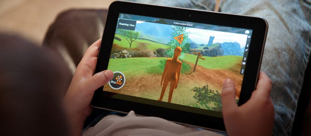 A young person holds a tablet, depicting a pro-real avatar in a pro-real landscape.